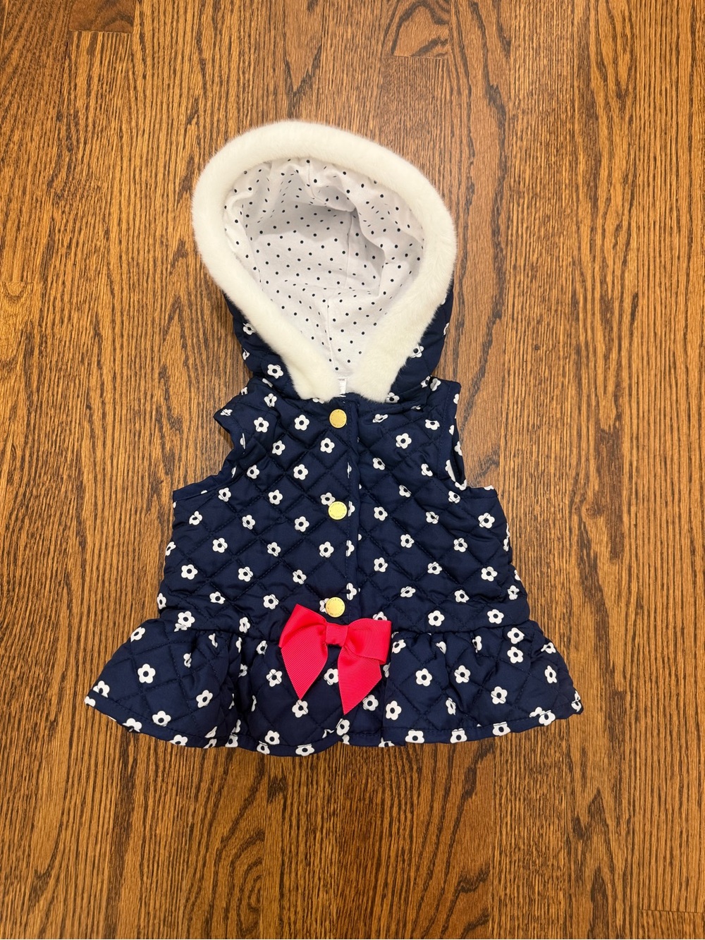 Little Me Navy Floral Quilted Hooded Vest with Pink Bow Accent